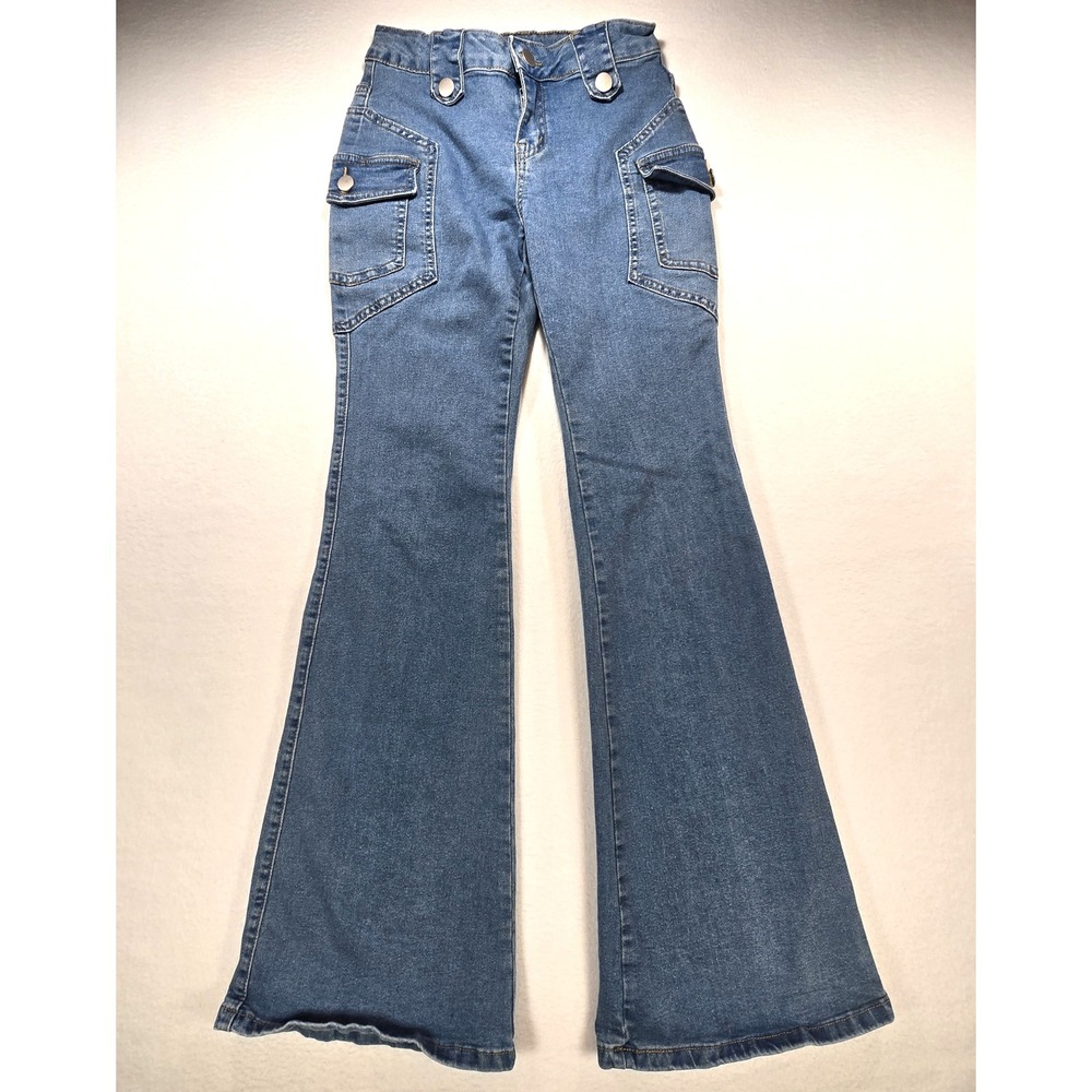 SHEIN Blue High Waisted Cargo Flare Jeans Size 27 Wide Leg Utility Denim Pants